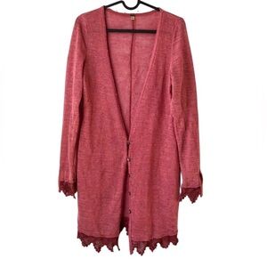 Free People Crochet Lace Trim Button Front Cardigan Sweater Boho Linen M Pink
